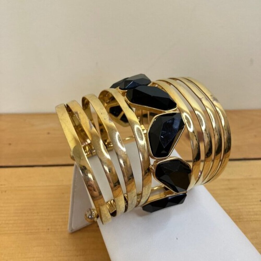 French Connection Brass Cuff Bracelet with Black Rhinestones 3 Long